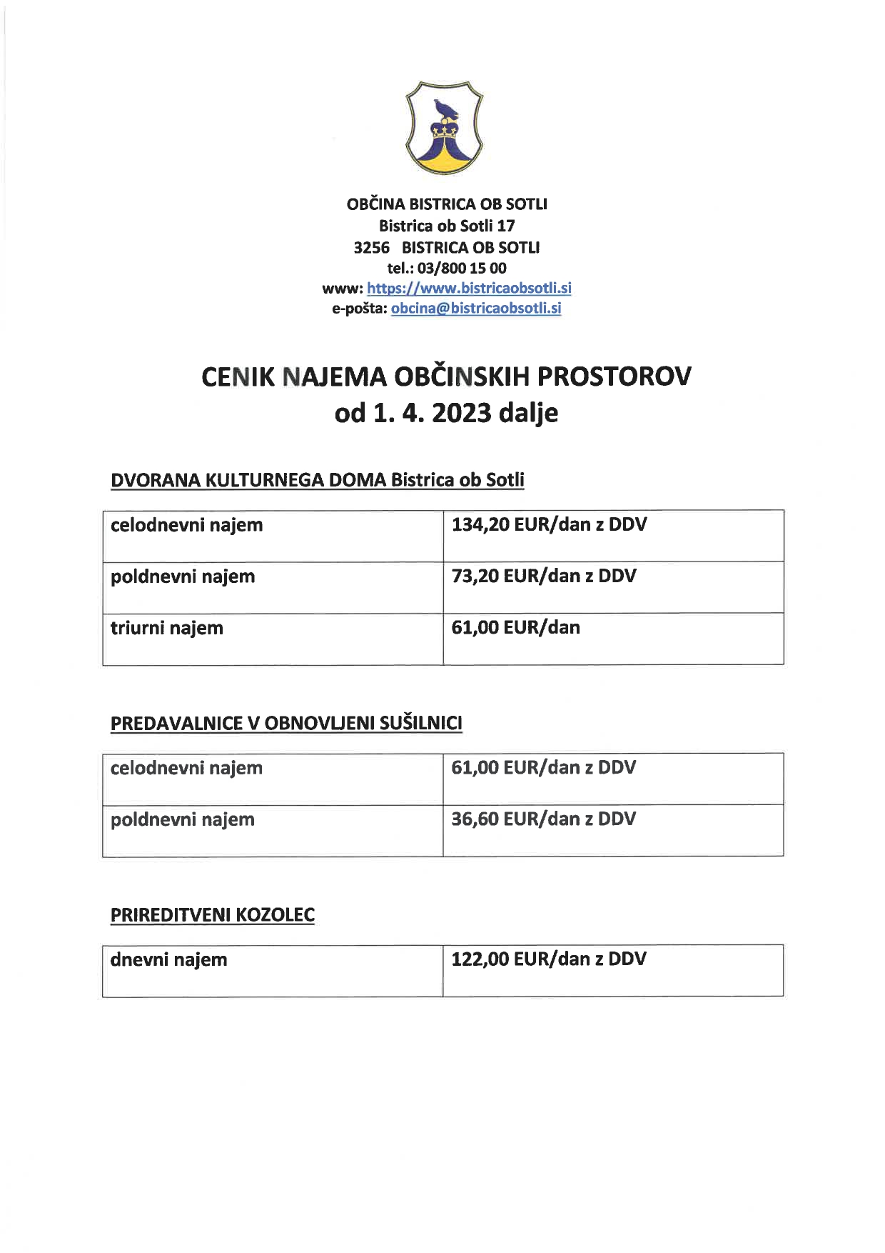 Cenik najema občinskih prostorov